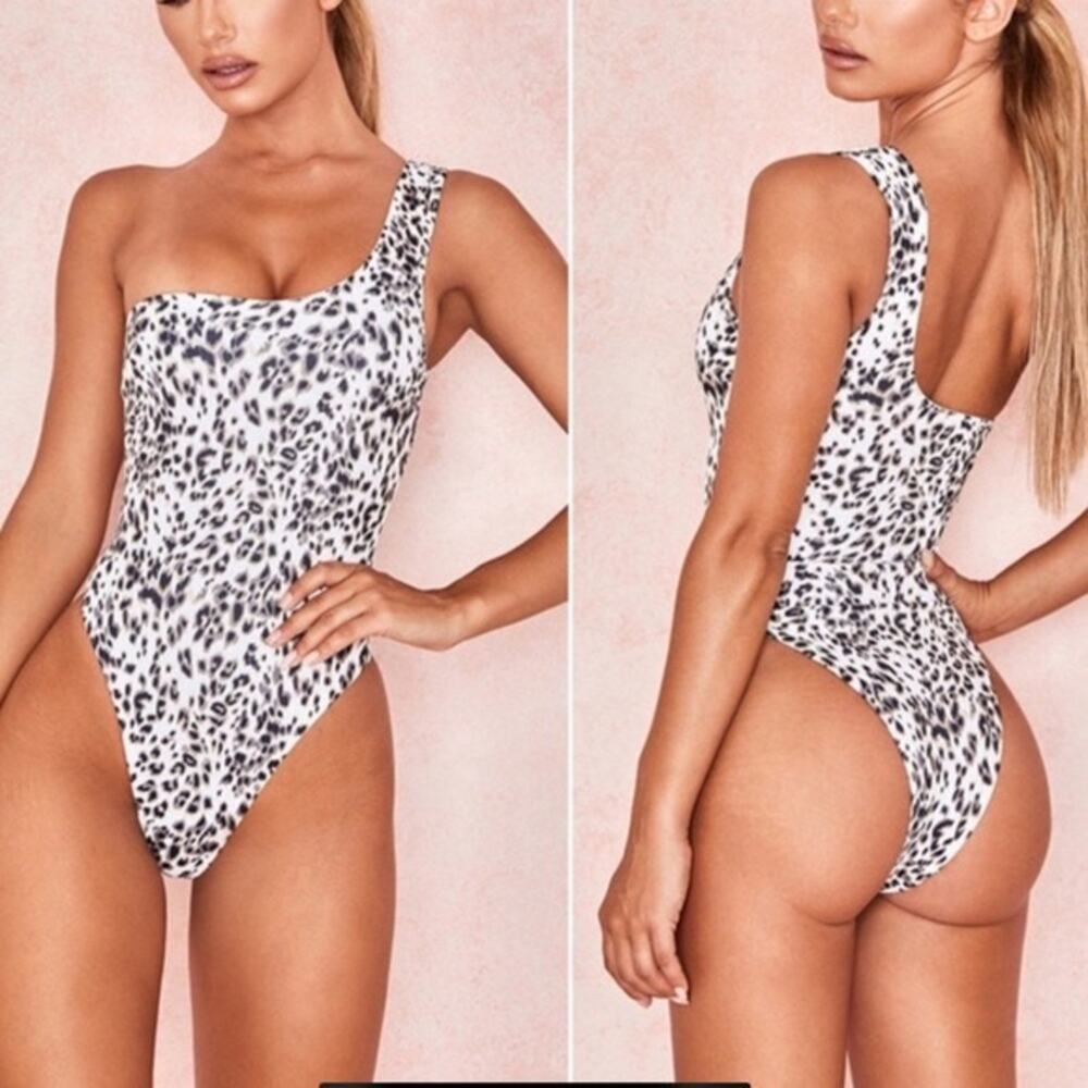 HOUSE OF CB Venus Leopard Print Black Brown Asymmetric One Piece Bikini Swimsuit